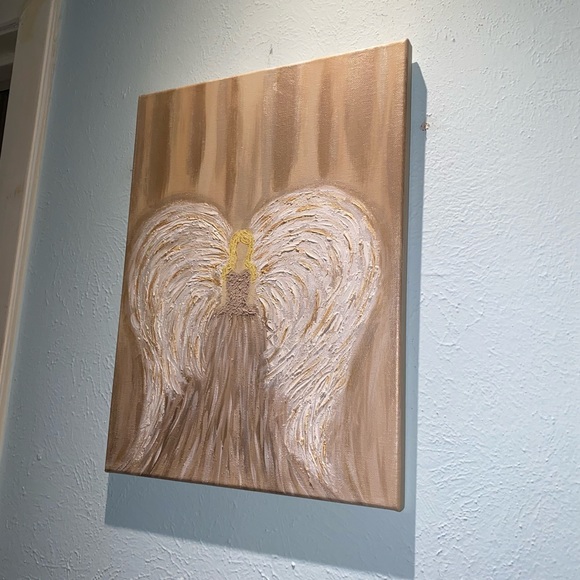 12x16 Hand painted mixed media Angel painting on canvas neutrals gold metallic - Picture 12 of 17